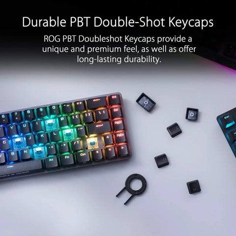 Compact 65 Percent Wireless Gaming Keyboard With Buttery Red Linear Switches And Fresh RGB Lighting Featuring A Sleek Touch Bar Tough Pbt Keys and keycaps on a desk.