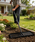 Person using Lawn Leveling Rake With 72 Inch Non Slip Handle, 42 By 10 Inch Leveling Tool For Grass, Golf Course, And Dirt Ground