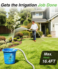 Cordless Submersible Water Pump With Brushless Motor Kit used for garden irrigation with hose and bucket.