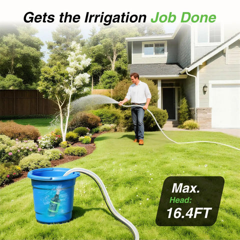 Cordless Submersible Water Pump With Brushless Motor Kit used for garden irrigation with hose and bucket.