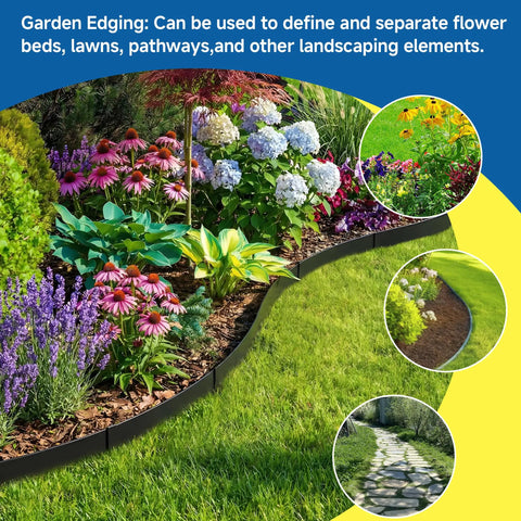 No Dig Galvanized Steel Landscape Edging Kit, black border around colorful garden flowers and lawn path.