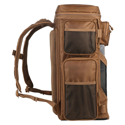 Side view of Drift Series 3700 Tackle Backpack With QuikLatch System And Two Rod Holders Coyote Color Heavy Duty Gear Bag
