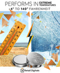 Straight Up Reliable Cr2450 3V Lithium Coin Battery 5 Pack with child safe packaging shown next to temperature thermometer images.