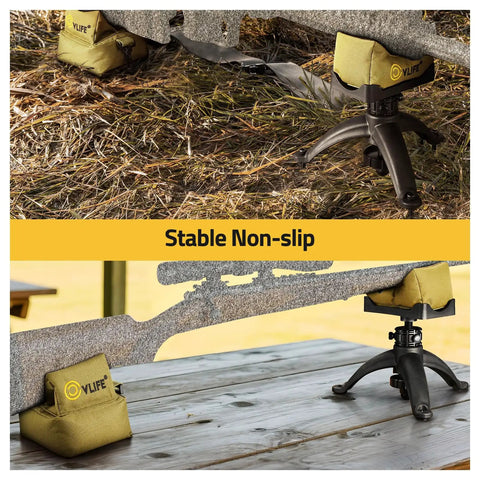 Lightweight Rifle Shooting Rest Tripod With Front And Rear Bench Bags, adjustable height, on outdoor grass and table base