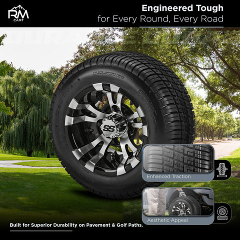 Warlock Black And Machined 10 Inch Golf Cart Wheel And Tire Kit With 205/50-10 Low Profile Tires Pre Mounted On Aluminum Rims Includes Caps And 16 Standard Lug Nuts Fits Club Car EZ Go