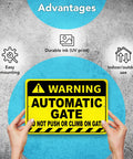 Heavy Duty No Sweat Automatic Gate Warning Sign 8X12 Inches Rust Proof Aluminum, showing easy mounting features.