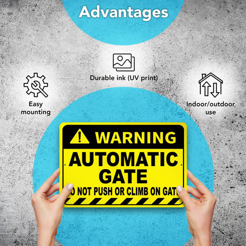 Heavy Duty No Sweat Automatic Gate Warning Sign 8X12 Inches Rust Proof Aluminum, showing easy mounting features.