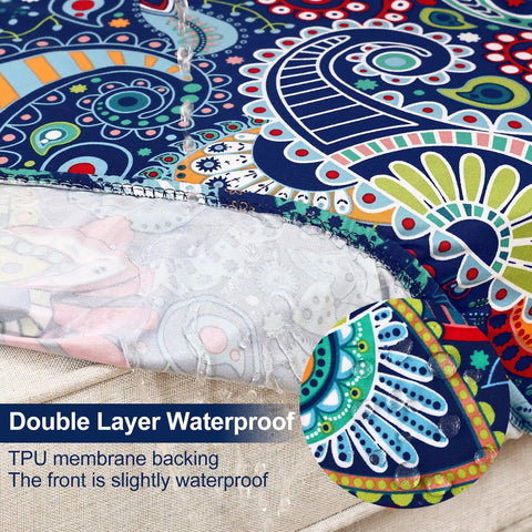 Close-up of waterproof patio cushion covers showing double layer design and TPU membrane with vibrant patterns.