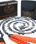 Pocket Chainsaw With Paracord Handles For Camping And Survival 65Mn Steel 48 Tooth Saw shown with carry bag and packaging