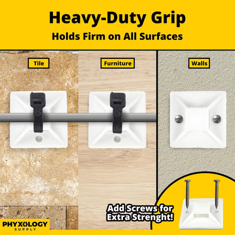 X Large Cable Tie Mounts 100 Pack With Adhesive Backing Or Screw Holes For Permanent Hold in use on tile, furniture, walls
