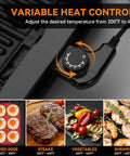 Variable heat controls dial of Bakers Friend 2 In 1 Electric Indoor Griddle And Grill With Reversible Non Stick Plate Silicone Mold.