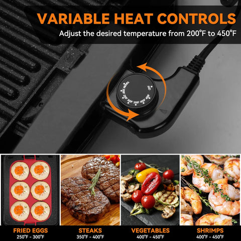 Variable heat controls dial of Bakers Friend 2 In 1 Electric Indoor Griddle And Grill With Reversible Non Stick Plate Silicone Mold.