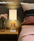 Reclaimed Wood Modern Rustic Table Lamps Set Of 2 Light Grey Bedside Lamps beside bed with pink bedding on nightstand