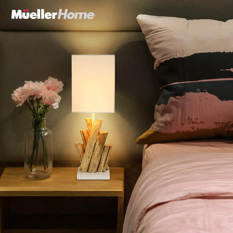 Reclaimed Wood Modern Rustic Table Lamps Set Of 2 Light Grey Bedside Lamps beside bed with pink bedding on nightstand