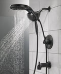 Matte Black Shower Trim Kit With Single Handle For A Reno Ready Upgrade, Pressure Balance Valve Keeps Temperature In Safe Range, 5.00 GPM At 80 PSI, Universal Valve Not Included, Shower Fixture Only shown installed on tile wall.