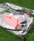 Clear Drawstring Bags Two Pack with red water bottle and headphones on grass, Waterproof Stadium Security Approved Small Clear Bags