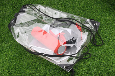 Clear Drawstring Bags Two Pack with red water bottle and headphones on grass, Waterproof Stadium Security Approved Small Clear Bags