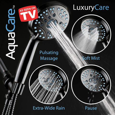 High Pressure 8 Mode Go-To Handheld Shower Head With Anti Clog Nozzles And Built In Power Wash To Clean Tub Tile And Pets, shown in use with different spray modes.