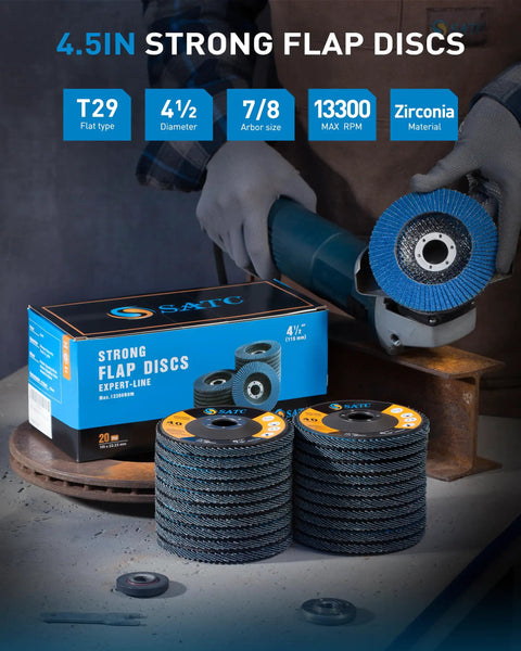 Heavy Duty 40 Grit Flap Discs for Angle Grinder 4 1/2 Inch Type 29 Zirconia Metal Grinding Wheels with 20 pack displayed.