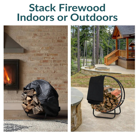 24-Inch Round Firewood Rack With Weatherproof Cover For Indoor Use next to fireplace and outdoor scene with wooden cabin.