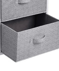 Open drawer of bedroom closet organizer with five fabric storage drawers for clothes and accessories, white durable space-saving dresser