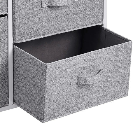 Open drawer of bedroom closet organizer with five fabric storage drawers for clothes and accessories, white durable space-saving dresser