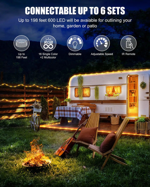 66Ft Connectable Outdoor Rope Lights With 200 LEDs Remote around camper and fire pit, highlighting garden setting