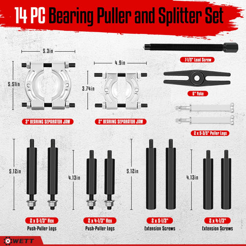 Bearing Puller And Splitter Set 14-Piece Heavy Duty Kit With 5 Ton Capacity displayed with each component labeled, including 2-inch and 3-inch separator jaws and extension screws.