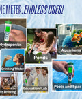 Collage showcasing 5-In-1 Digital Water Testing Meter for hydroponics, pools, aquariums, drinking water, and labs