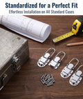 Awesome 5 Pc Metal Toggle Hasp Set With Duckbilled Buckle Clasp Latch For Secure Cargo Trunks And Storage Chests To Lock Stuff Down Tight with screws and measuring tools.
