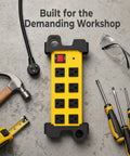 Heavy Duty Shop Workhorse Power Strip With Eight Widely Spaced Outlets And 2700J Surge Protection Six Foot Extension Cord on a workbench