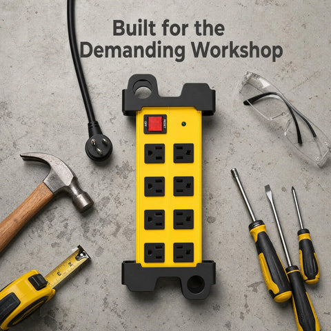 Heavy Duty Shop Workhorse Power Strip With Eight Widely Spaced Outlets And 2700J Surge Protection Six Foot Extension Cord on a workbench