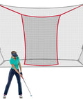 Golfer using Golf Practice Net Extender Attachment For 7 Or 10 Ft Nets With High Impact Hitting Target Frame For Backyard Driving, Chipping