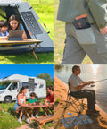 36W Solar Panel Charger With Quick Charge USB A USB C And DC Ports attached to tent, pocket and used by camper and fisherman