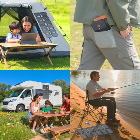 36W Solar Panel Charger With Quick Charge USB A USB C And DC Ports attached to tent, pocket and used by camper and fisherman