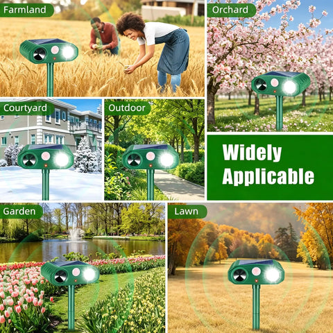 Collage of Solar Powered Outdoor Animal Deterrent with Ultrasonic Alerts and LED Strobe in various settings like garden and farm.