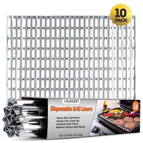 Disposable Aluminum Grill Liners And Grill Toppers For Easy Cleanup And Grate Protection, Heavy Duty BBQ Sheets, 12x20 Inches, 10 Pack