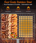 Two Piece Outdoor Grill Basket Set With Removable Wooden Handles, Stainless Steel BBQ Grilling Baskets full with meat, shrimp, and veggies