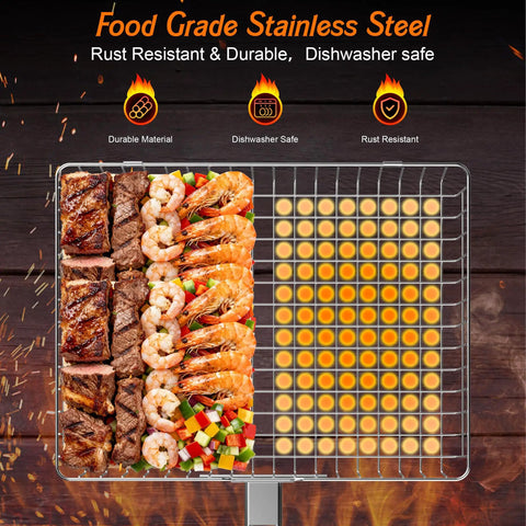 Two Piece Outdoor Grill Basket Set With Removable Wooden Handles, Stainless Steel BBQ Grilling Baskets full with meat, shrimp, and veggies
