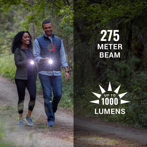 Two people walking in woods with OneSource Rechargeable LED Flashlight Beaming Up To 1000 Lumens, 275 meter high beam text display