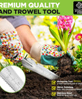 Gardener using 5-In-1 Garden Weeder Trowel With Soft Grip Handle in flower bed, showing stainless steel blade and ergonomic grip