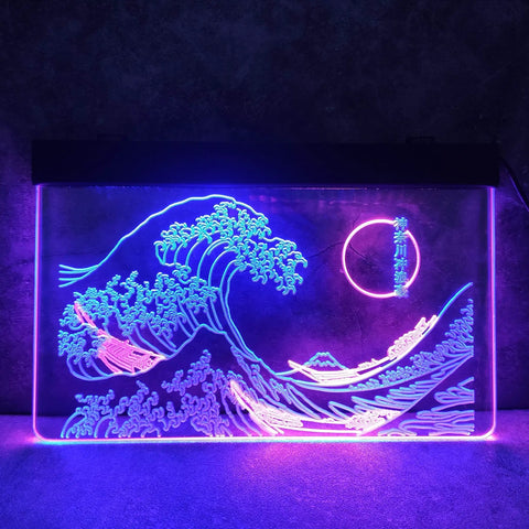 Great Wave Off Kanagawa LED Neon Sign Blue Pink Wall Art Dope Ukiyoe Inspired Neon Light For Living Room Bedroom 12x16 inches