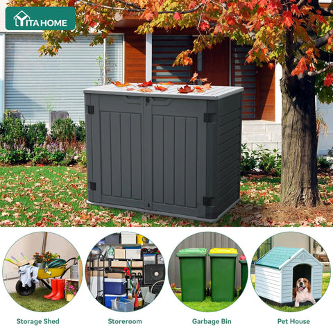 Outdoor Resin Storage Shed With Multi Opening Doors Easy Access Weatherproof Lockable 35 Cu Ft Capacity For Bikes Trash Cans And Garden Tools Durable Waterproof Dark Gray in a garden setting