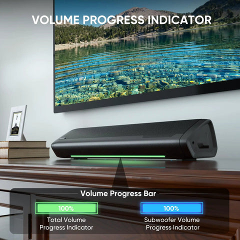 17 inch sound bar with volume progress indicator, part of 2.1 Channel Sound Bar With Subwoofer For TV And PC Gaming Kickin Bass