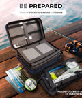Open Deluxe Bait Binder For Soft Plastics And Rigs Water Resistant Tackle Storage System on dock with fishing gear