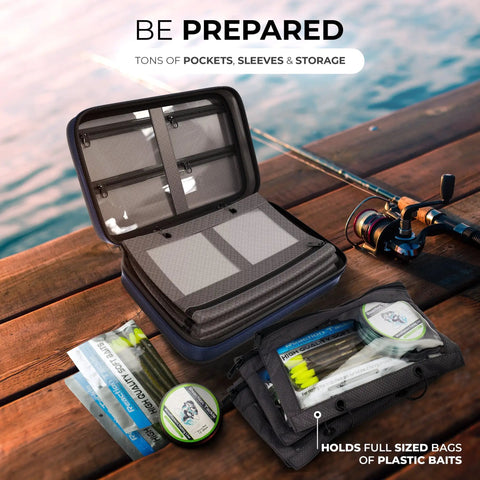 Open Deluxe Bait Binder For Soft Plastics And Rigs Water Resistant Tackle Storage System on dock with fishing gear