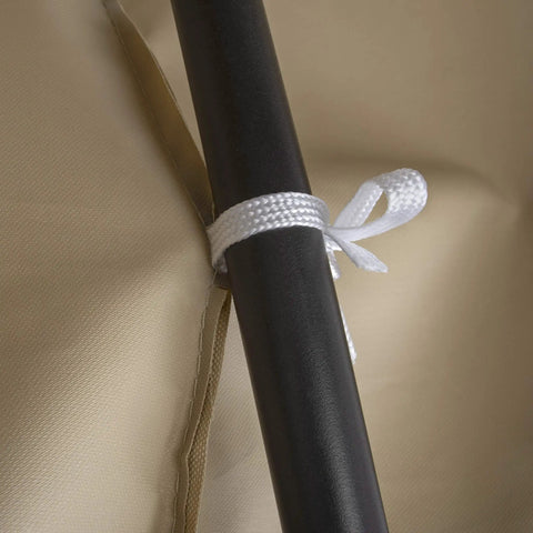 Close-up of tie strap on Khaki Heavy Duty PVC Patio Loveseat Cover With Waterproof Backing Keeps Your Outdoor Sofa Dry Rain Or Shine
