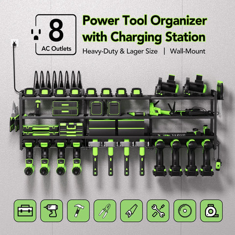 Power Tool Wall Mount Organizer With Charging Station And 8 Outlet Strip Heavy Duty Garage Drill Rack For Battery Charging