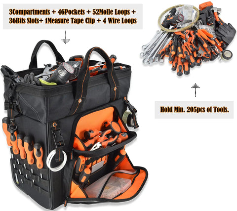 46 Pocket 26 Inch Rolling Tool Bag On Wheels For Pros Large Capacity Tool Tote with tools inside and alongside