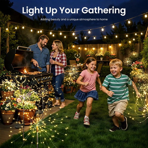 Outdoor Solar Fairy Lights 120 LED Two Pack Warm White Decor For Yard illuminating a backyard family gathering at night